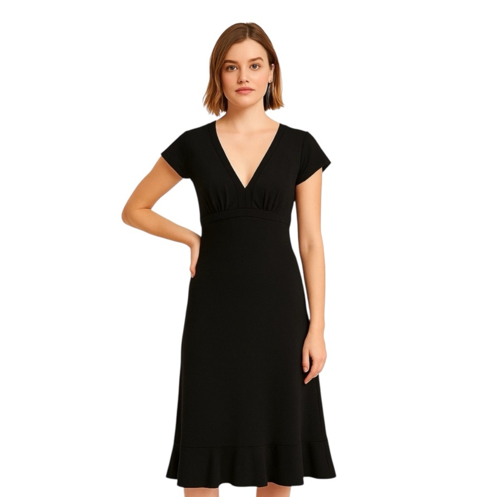 Ann Taylor LOFT Black Dress V-Neck Empire Waist Midi Size 0